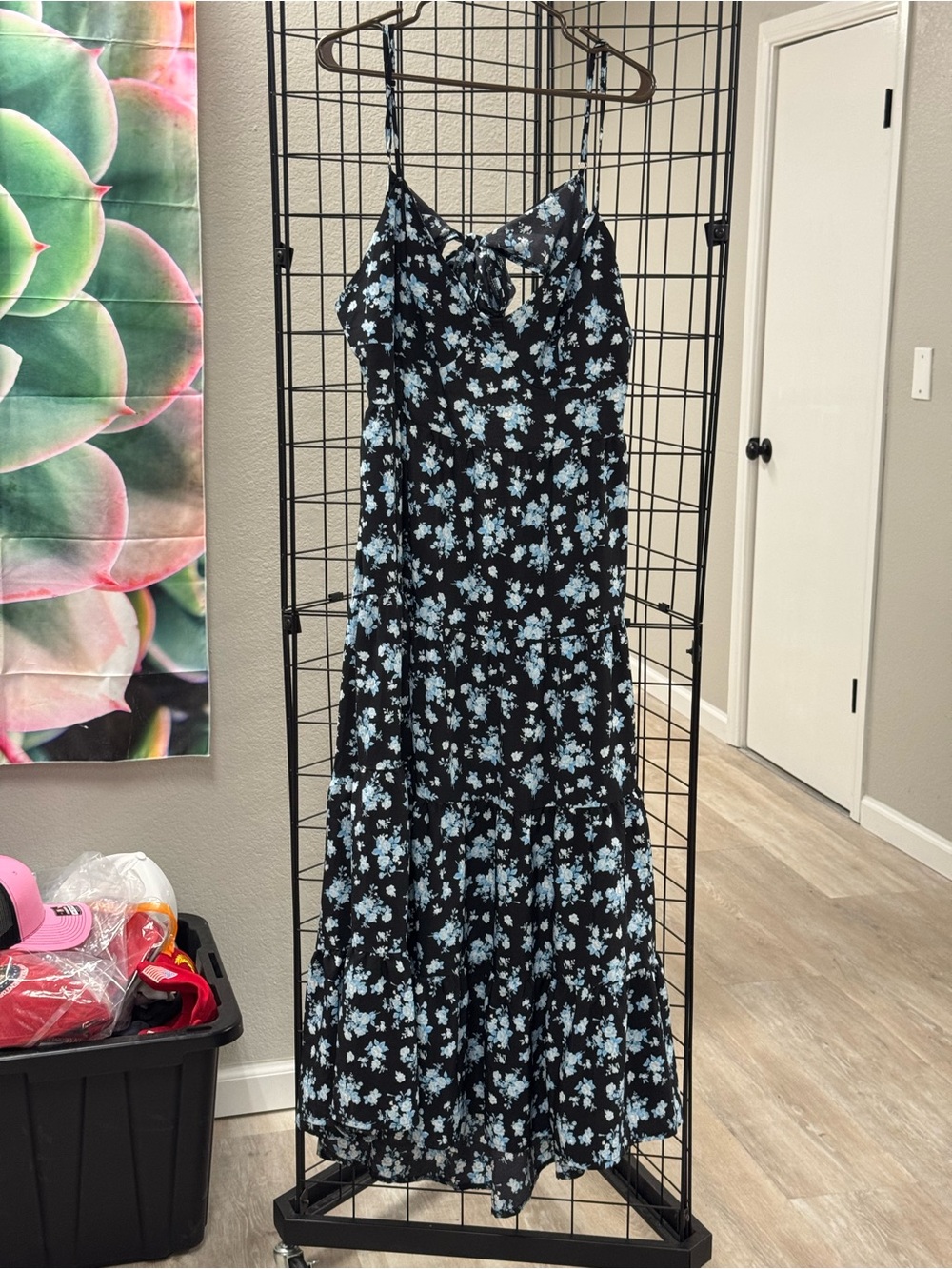 Black Floral Maxi Dress with Blue Blossoms Size XXL Pit 25, waist 25,length 60”